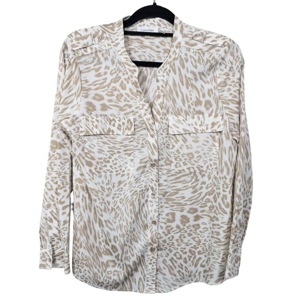 Calvin Klein Animal Print Cheetah Ivory Beige Button Down Collared Shirt SZ M